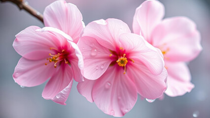 Obraz premium Pink Blossoms with Dew Drops in a Vibrant Spring Garden, Highlighting Delicate Petals and Freshness in a Close-Up Botanical Image