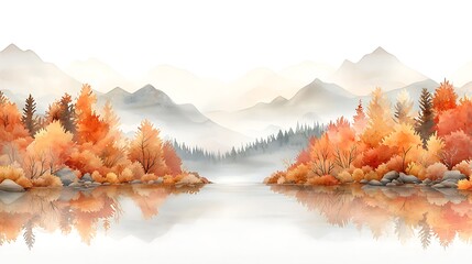 Tranquil lake and mountain landscape autumn reflection in serene digital art aesthetic