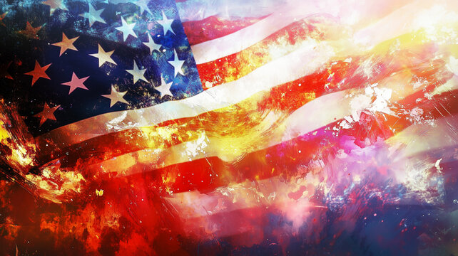 Abstract American flag graphic with flames overlayed. Conveys a sense of nationalism, patriotism and freedom. For news broadcast or advertisement background.