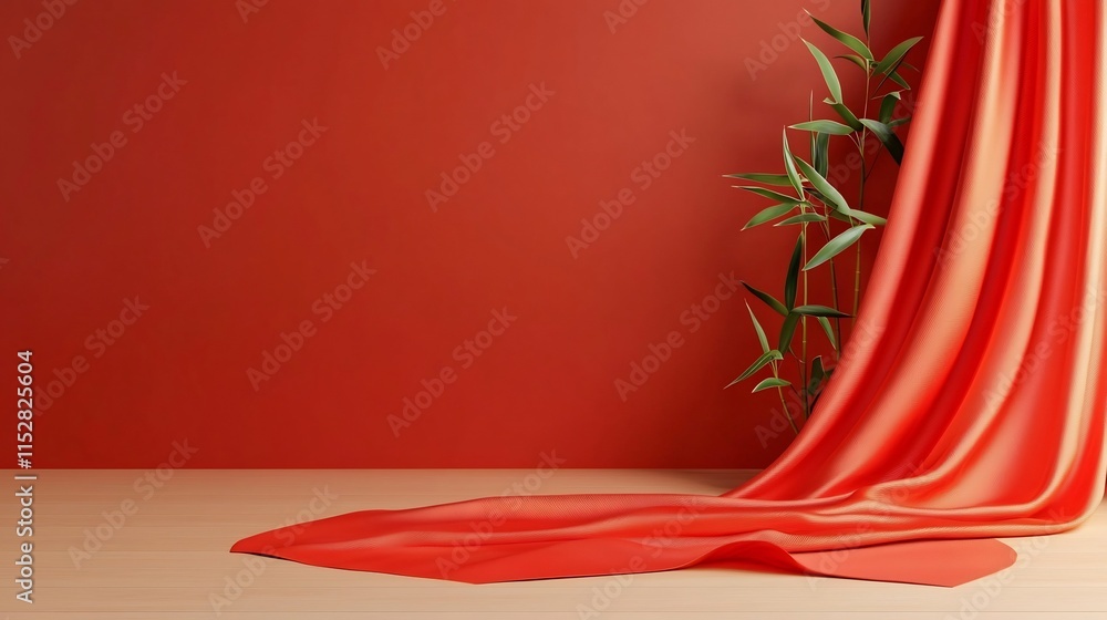 Aufkleber elegant red silk and bamboo 3d with open space for festive text overlay or graphic design elements