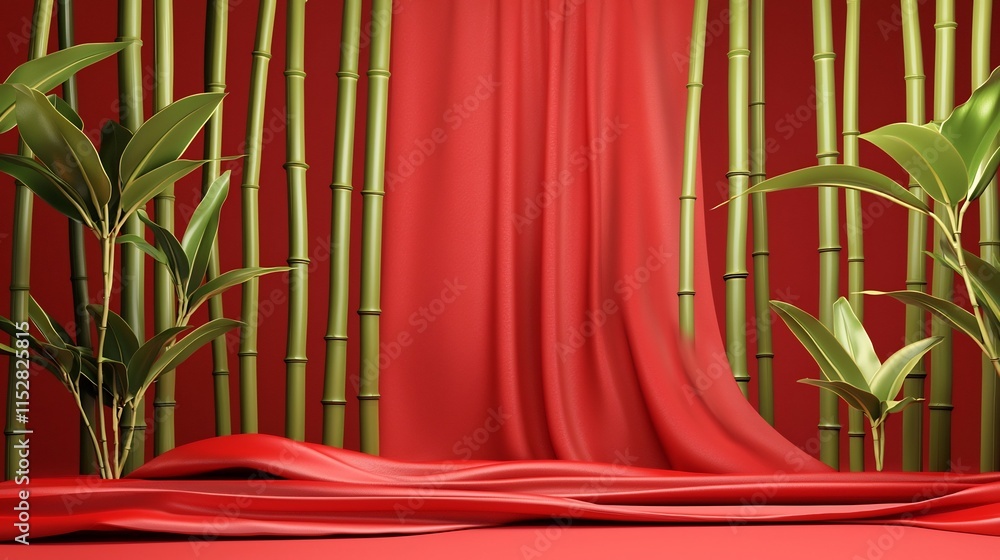 Poster elegantly designed 3d of a festive backdrop featuring red silk and bamboo elements with an open spac