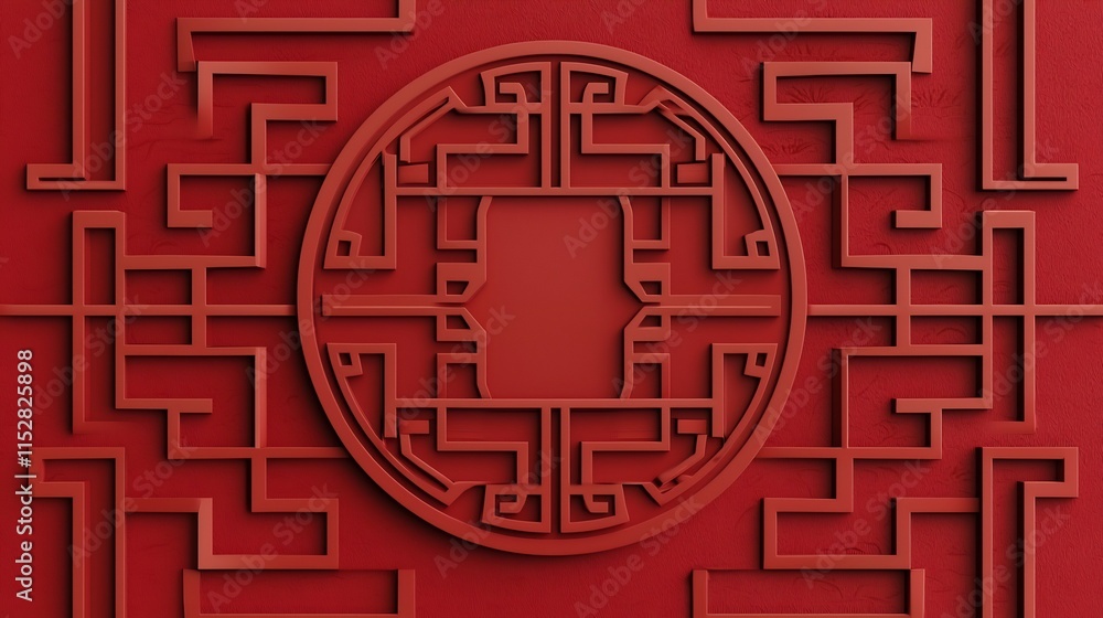 Poster striking abstract chinese design elements on a seamless red background with an editable text area pr