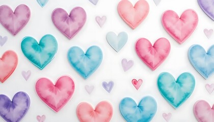 Fototapeta premium Colorful Watercolor Hearts Arranged On White Background