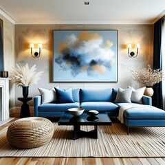 Modern living room, blue L-shaped sofa, abstract blue and white artwork, woven pouf ottomans, black round coffee table, striped area rug, wall sconces, large window, beige walls, cozy interior design,