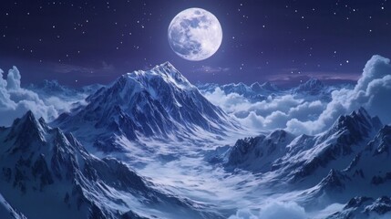 Snowy mountain range at night under a full moon.