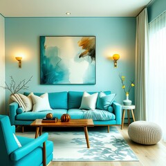 Vibrant teal living room, modern abstract wall art, turquoise velvet sofa, gold sconce lighting, wooden coffee table, white throw pillows, patterned area rug, floor-to-ceiling curtains, cozy interior 