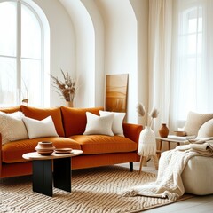 Fototapeta premium Cozy living room, bright interior, orange velvet sofa, white brick walls, arched windows, natural light, minimalist black coffee table, decorative vase with pampas grass, striped area rug, throw pillo