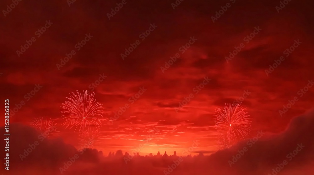 Poster magnificent fireworks display in a vibrant red sky creating a stunning visual backdrop for celebrato