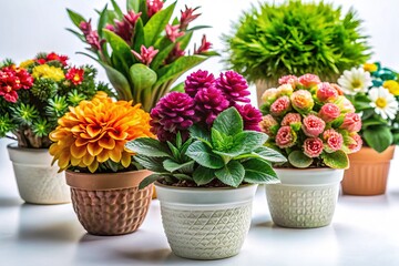 Close-Up Artificial Plants in Pots: Realistic Fake Flowers, Home Decor, White Background