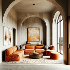 Interior design, modern living room, arched doorways, white brick walls, curved orange modular sofa, abstract artwork, round coffee table, potted plant, natural light, warm tones, minimalist decor, hi