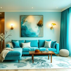 Vibrant teal living room, modern abstract wall art, turquoise velvet sofa, gold sconce lighting, wooden coffee table, white throw pillows, patterned area rug, floor-to-ceiling curtains, cozy interior 