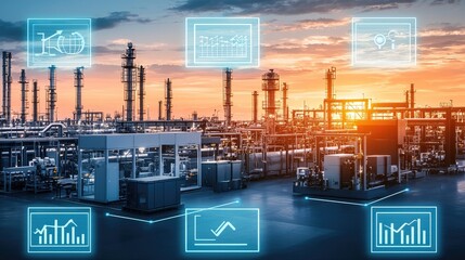 A digital interface overlays a sprawling industrial site at sunset, showcasing data analytics and smart technology in modern manufacturing.