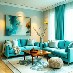 Vibrant teal living room, modern abstract wall art, turquoise velvet sofa, gold sconce lighting, wooden coffee table, white throw pillows, patterned area rug, floor-to-ceiling curtains, cozy interior 