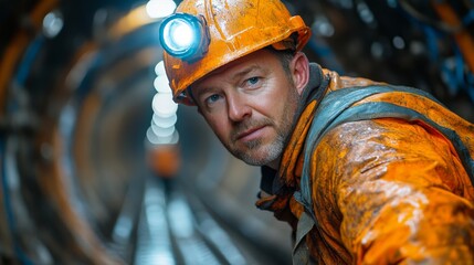 Professional Miner Working in Underground Tunnel Wearing Safety Gear and Helmet with Headlamp,...