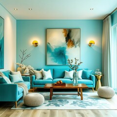 Vibrant teal living room, modern abstract wall art, turquoise velvet sofa, gold sconce lighting, wooden coffee table, white throw pillows, patterned area rug, floor-to-ceiling curtains, cozy interior 