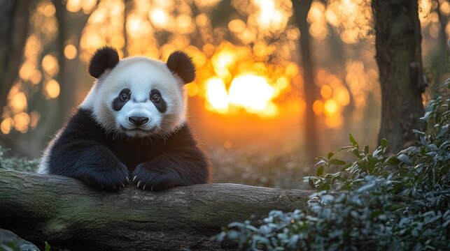 Adorable panda cub rests on log at sunset in bamboo forest.