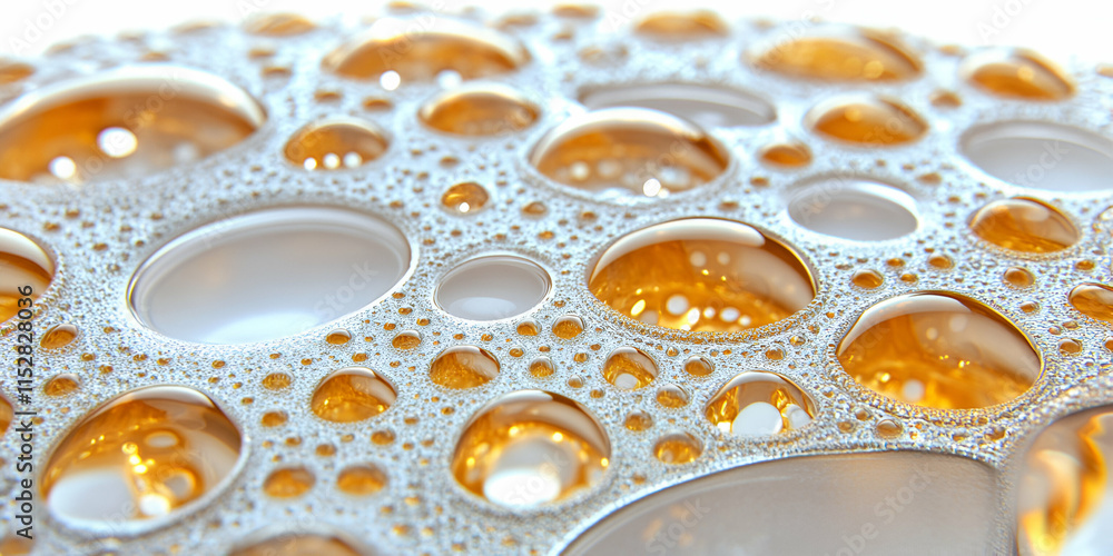 Poster abstract golden bubbles, a textured surface of interconnected circular cells, shimmering with light 