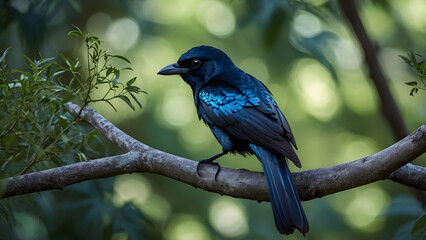 Fototapeta premium A glossy black drongo perched on a thin tree branch, its forked tail elegantly displayed, with its iridescent feathers catching hints of blue in soft sunlight, set against a blurred green forest backg