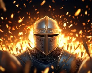 A fierce knight stands in front of a blazing background, adorned in shining armor, surrounded by flying arrows and a dramatic, fiery atmosphere.