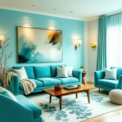 Vibrant teal living room, modern abstract wall art, turquoise velvet sofa, gold sconce lighting, wooden coffee table, white throw pillows, patterned area rug, floor-to-ceiling curtains, cozy interior 