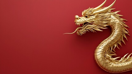 Obraz premium Majestic Golden Dragon Soaring Over Textured Crimson Backdrop with Reserved Space for Copy Powerful Mythical Creature in Epic 3D Digital