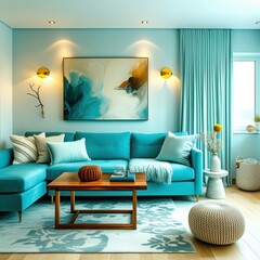 Vibrant teal living room, modern abstract wall art, turquoise velvet sofa, gold sconce lighting, wooden coffee table, white throw pillows, patterned area rug, floor-to-ceiling curtains, cozy interior 