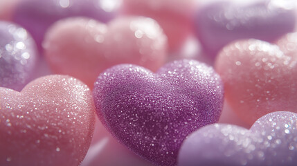 Fototapeta premium Close-up of sparkling, purple-pink hearts, A close-up view of several heart-shaped objects, varying in shades of purple and pink, with a shimmering glitter effect.