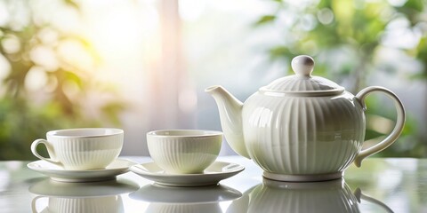 Fototapeta premium Close-Up Simple White Tea Set: Elegant Porcelain Teaware Photography