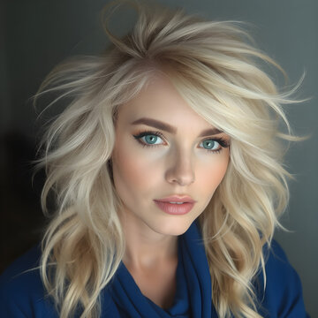 Una divina rubia con rizos perfectamente peinados, destacando en un llamativo vestido azul.