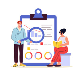 Business people scene. Man and woman with graphs and diagrams. Collaboration and cooperation, teamwork. Analysts conduct marketing research. Statistics and infographics. Flat vector illustration
