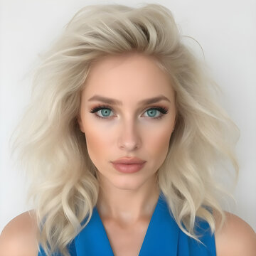Una atractiva rubia de rizos cuidados, luciendo con estilo un traje azul intenso.