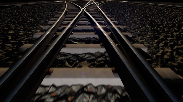 ポイントのある線路をゆっくり直進してゆくシームレスなループアニメーション動画
