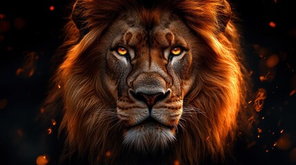 Fototapeta premium Fiery-eyed male lion portrait against dark background with sparks.