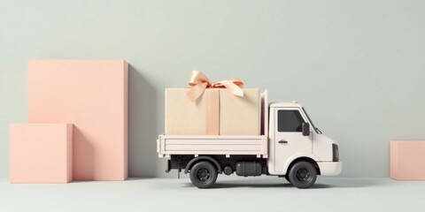 Obraz premium Pastel Pink Truck Delivering a Large Gift Box with a Peach Bow