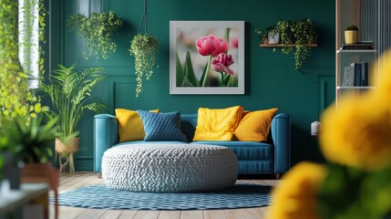 Close up of stylish living room interior with fresh flower round ottoman. Ai generated image
