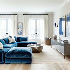 Modern living room, blue velvet sectional sofa, natural light, large windows, white curtains, wooden floor, round coffee table, minimalist decor, abstract wall art, gray console table, coastal vibes, 