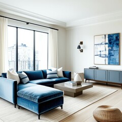 Modern living room, blue velvet sectional sofa, natural light, large windows, white curtains, wooden floor, round coffee table, minimalist decor, abstract wall art, gray console table, coastal vibes, 