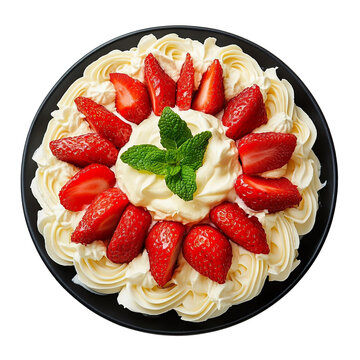 Top view of a delicious looking fresas con crema on a dark platter isolated on a white transparent background