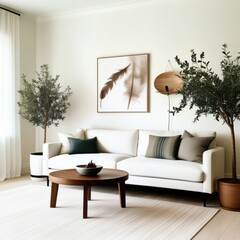 Minimalist living room, neutral color palette, white sofa, mid-century modern furniture, framed feather artwork, potted indoor tree, wooden coffee table, throw pillows, natural light, Scandinavian des