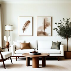 Minimalist living room, neutral color palette, white sofa, mid-century modern furniture, framed feather artwork, potted indoor tree, wooden coffee table, throw pillows, natural light, Scandinavian des