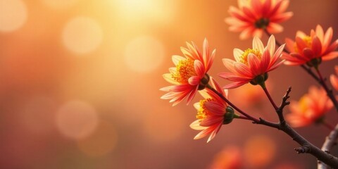 Fototapeta premium Golden Hour Blossom A Branch of Vibrant Coral Flowers Basking in the Warm Sunset Glow