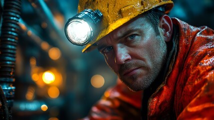 Focused miner in yellow helmet with headlamp, wearing orange waterproof gear, working in dimly lit...