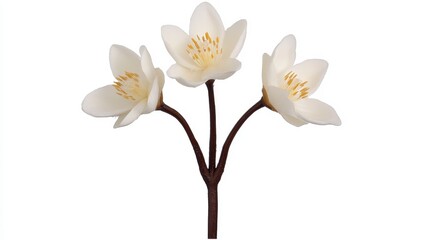 Obraz premium A delicate arrangement of three white flowers with yellow centers, showcasing a natural beauty perfect for decoration or floral displays.