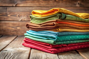 Cozy Fabric Stack Close-Up: Textured Colorful Textiles on Wood