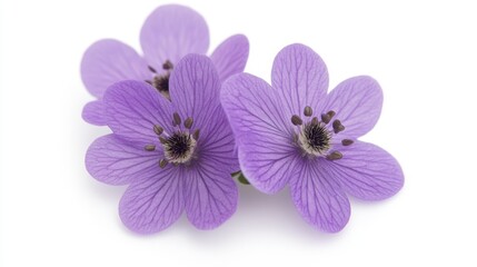 Obraz premium Three delicate purple flowers with prominent petals and intricate details, set against a clean background.