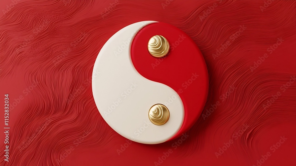 Poster yin yang symbols in harmonious red and gold 3d with balanced composition and aesthetic design