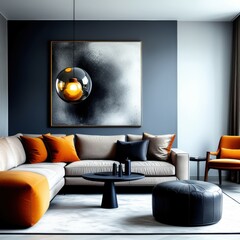 modern living room, dark blue walls, large grey sectional sofa, orange accent pillows, round leather ottoman, dramatic lighting, pendant light fixture, abstract art, minimalist design, high contrast, 