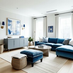 Modern living room, blue velvet sectional sofa, natural light, large windows, white curtains, wooden floor, round coffee table, minimalist decor, abstract wall art, gray console table, coastal vibes, 