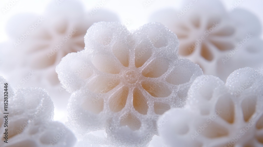Poster a close-up view of intricate, white, flower-like structures, showcasing delicate details and texture