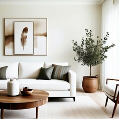 Minimalist living room, neutral color palette, white sofa, mid-century modern furniture, framed feather artwork, potted indoor tree, wooden coffee table, throw pillows, natural light, Scandinavian des